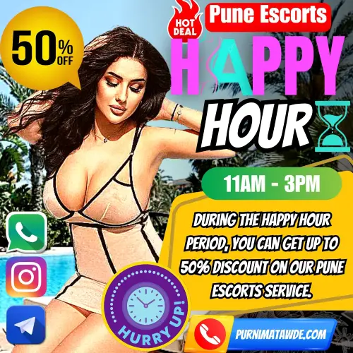 Banner Image of Pune Escorts Happy Hour Deal 11am - 3pm and Get 50% Off along with a Pune Escorts girl relaxing near a swimming pool in Pune. Also written in the banner - During The Happy Hour period, you can get up to 50% discount on our Pune escorts service.