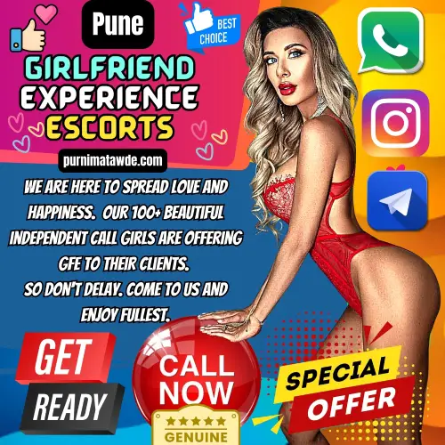 Banner Image of Girlfriend Experience Escorts Services in Pune along with a Young Call Pune Escorts Girl. Written in the banner, We are here to spread love and happiness.  Our 100+ beautiful independent call girls are offering GFE to their clients. So don't delay. Come to us and enjoy fullest. 